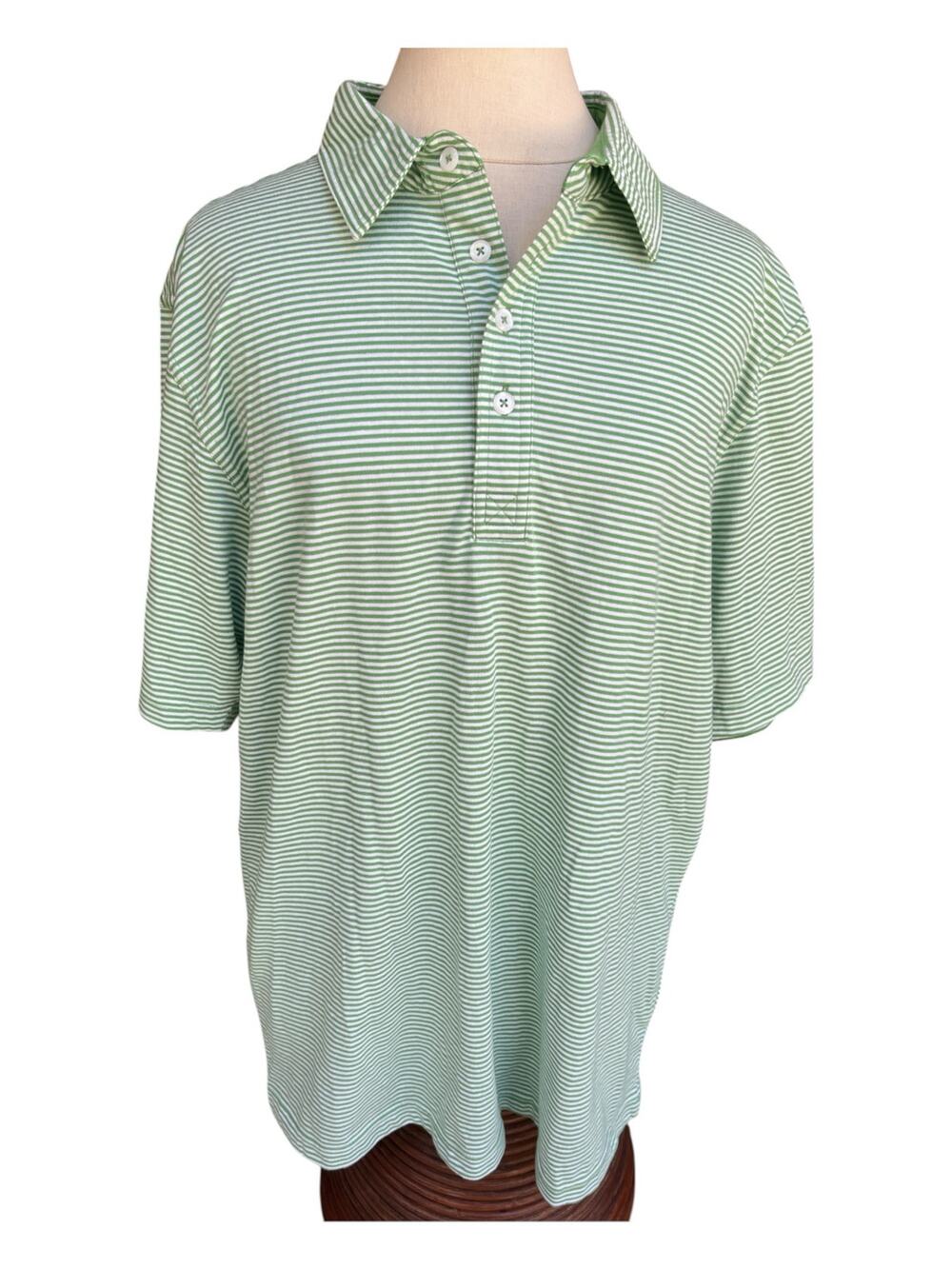 Charleston Threads Men Polo Shirt-XL-Green/White Stripes-4 Button-EUC-59